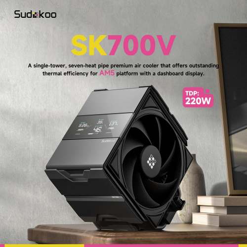 SK700V CPU Kühler AM5: PC Lüfter 120mm mit Display Digital &7 Heatpipes für AM5 Exklusiv - CPU Cooler mit 120mm Lüfter & Single Tower - Luftkühler van Volle RAM-Freiheit, 5 Jahre Garantie